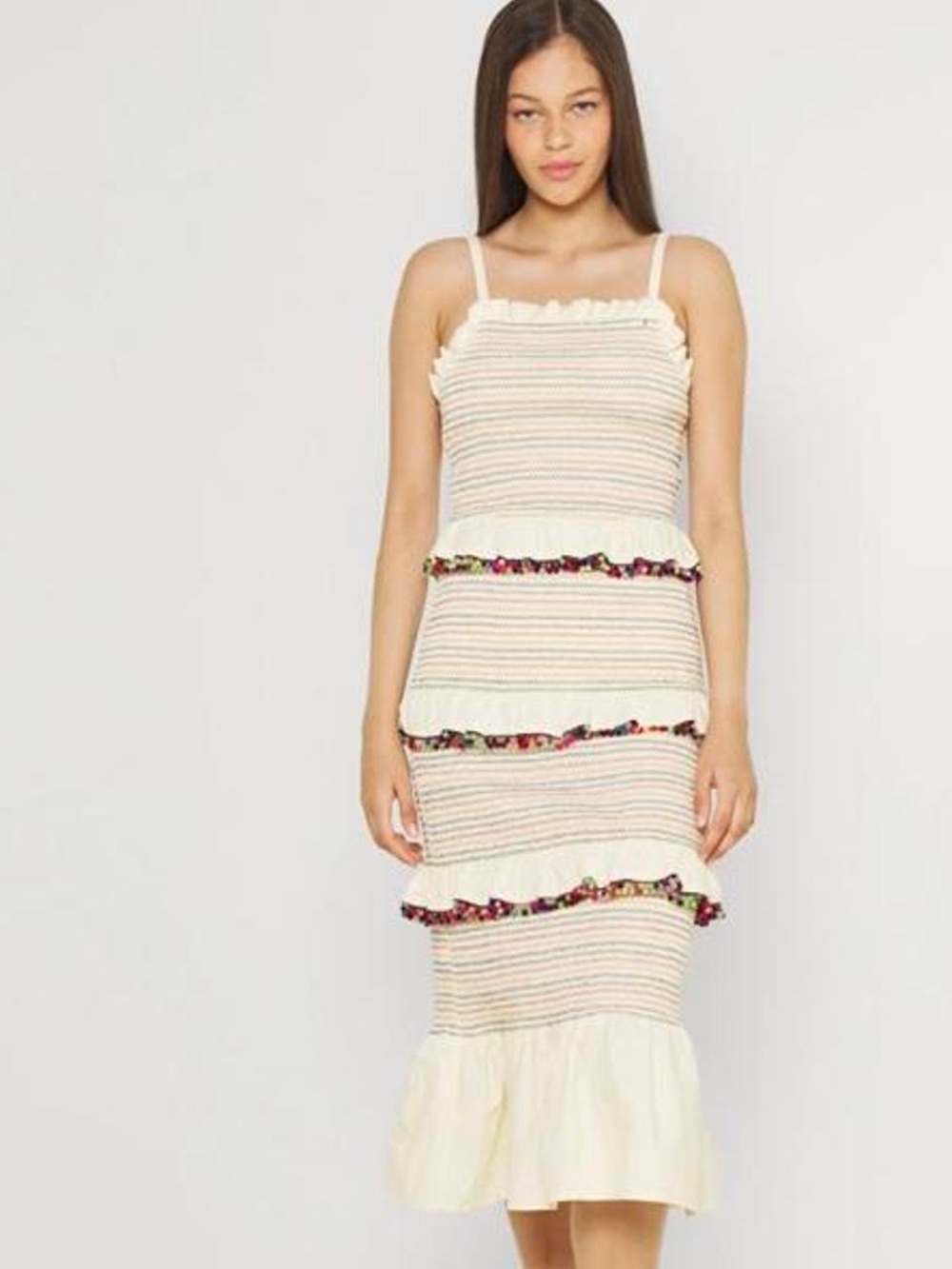 Never Fully Dressed Cream Stripe Pom Pom Midi Dress